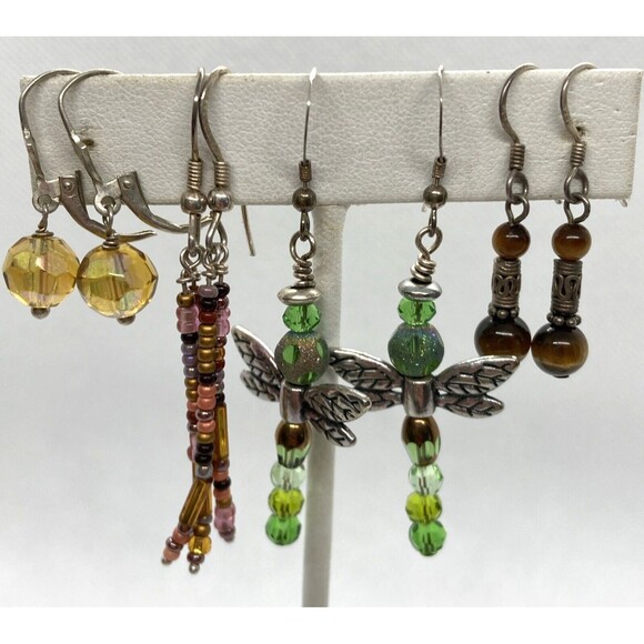 Vintage Lot of 4 Pairs Beaded Dangle Drop Earrings Sterling 925 Silver 11g - Picture 1 of 7